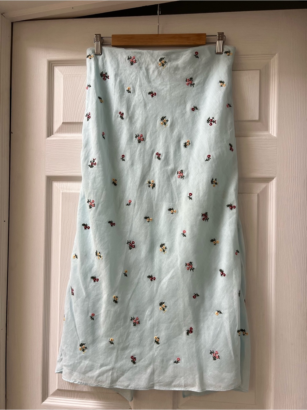 J. Crew Light Blue Midi Skirt with Pink & Yellow Floral Embroidery